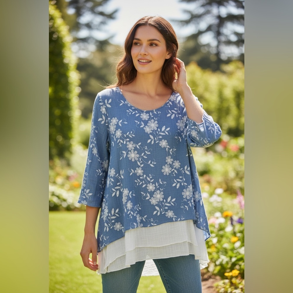 Papillon Blanc Blue and White Floral Blouse